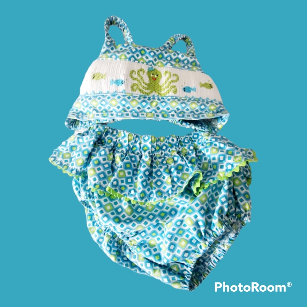 Smocked octopus swimsuit bikini 18m anavini fish beach ocean ruffle swim girls